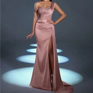 Luxe pink slit thigh party formal evening prom wedding dress